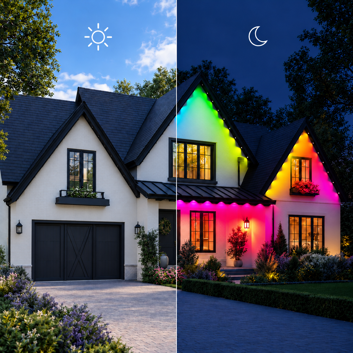 Permanent eaves lights shown switched off in daylight and illuminated at night