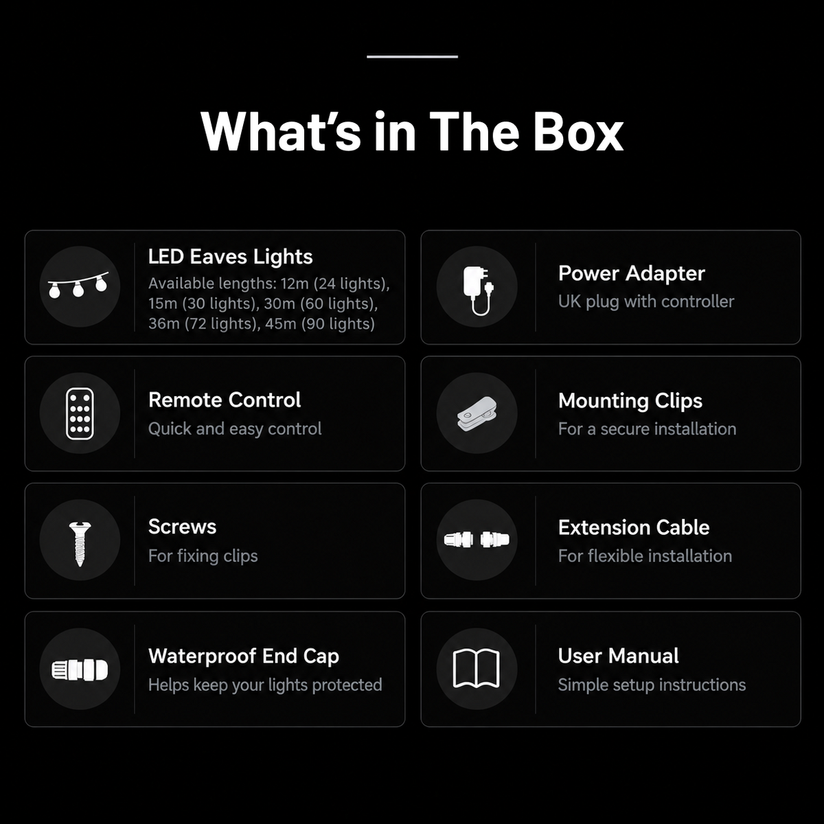 What's included with Zyko permanent outdoor eaves lights including controller, remote and mounting accessories