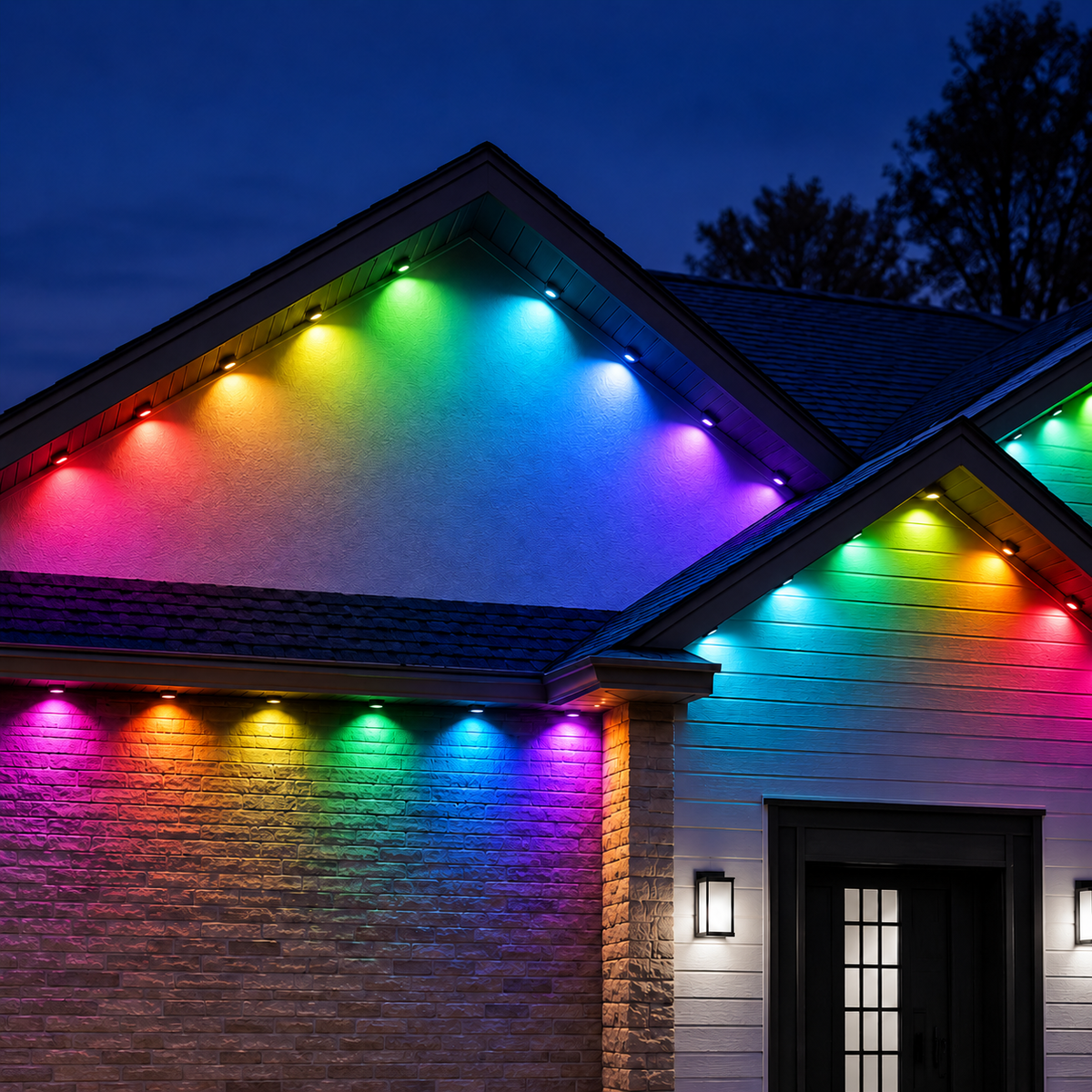 Permanent outdoor roofline lighting adding colourful year-round illumination to a house exterior