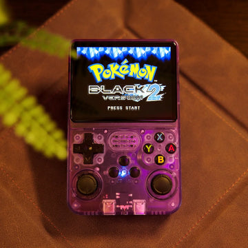Purple retro gaming handheld on desk, perfect birthday, holiday, and christmas for gamers gift setup