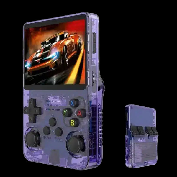 Purple retro console with screen on, plug and play retro console feature