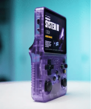 Hands playing retro handheld console with HD screen and smooth performance