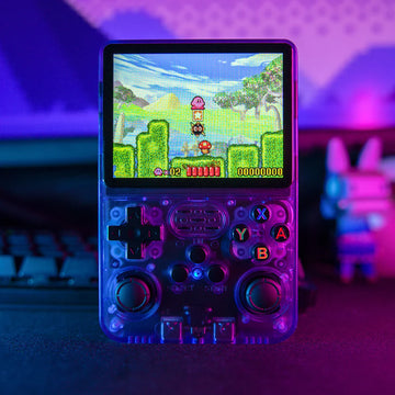 Blue retro handheld console glowing on desk, cozy gamer room setup