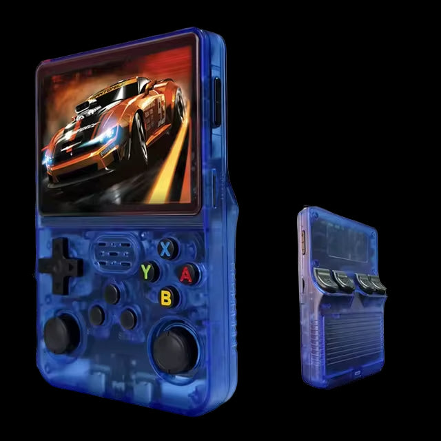 Blue retro mini game console showing racing game, classic gaming console