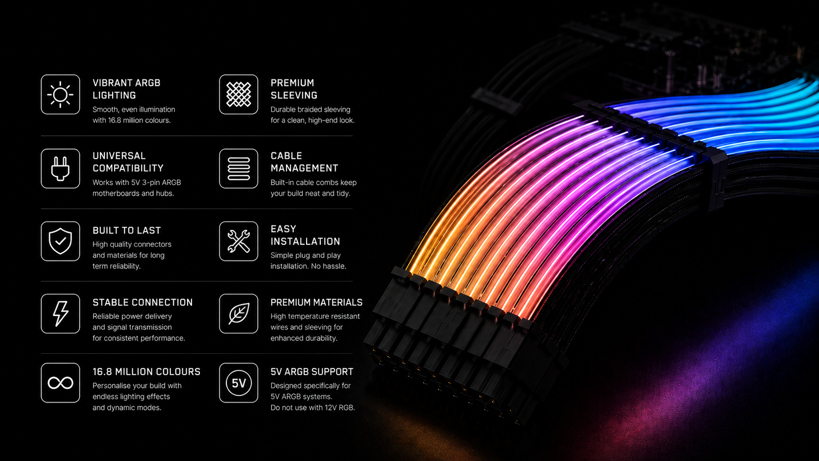 RGB PC cable extension feature graphic for gaming PC cable management and ARGB lighting