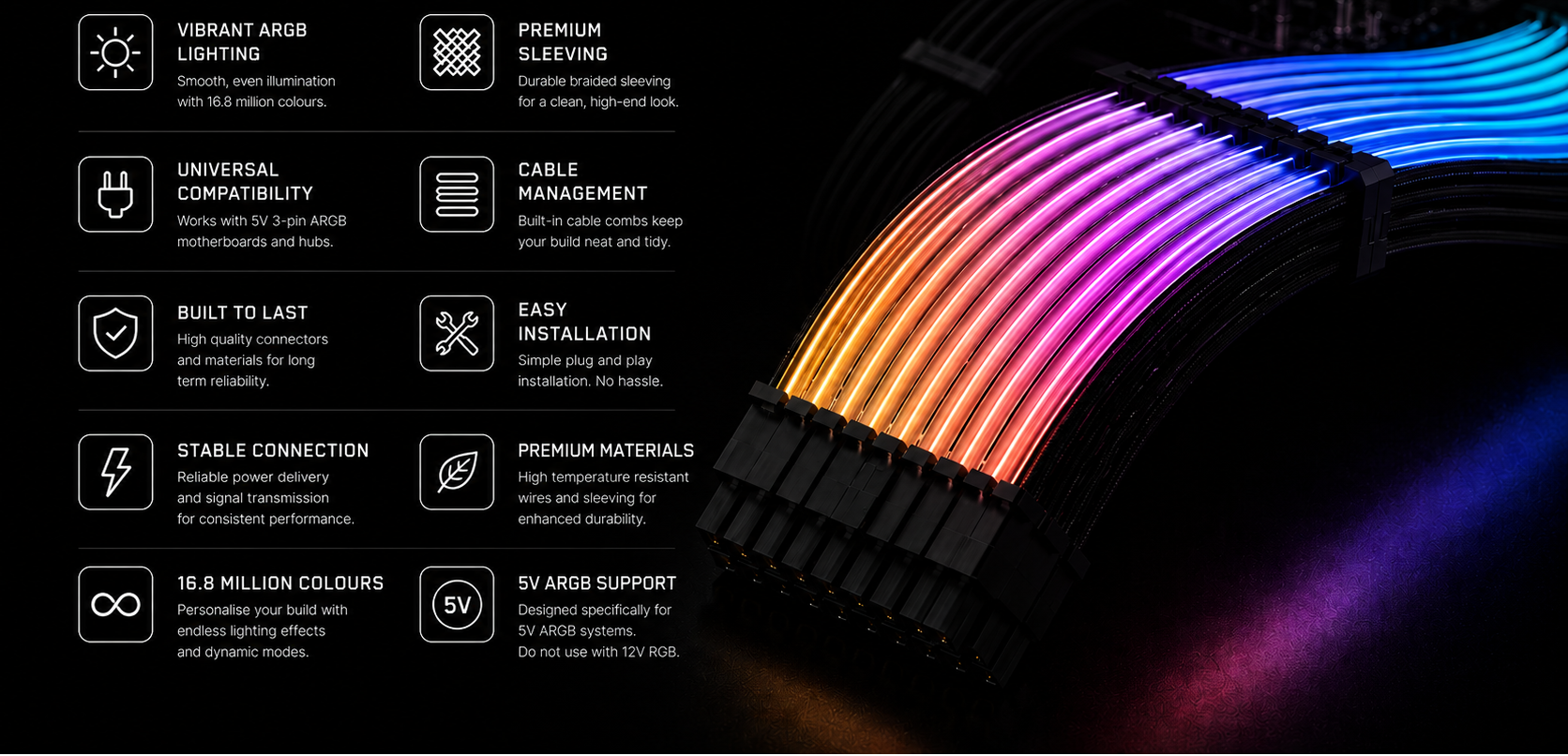 RGB PC cable extension feature graphic for gaming PC cable management and ARGB lighting