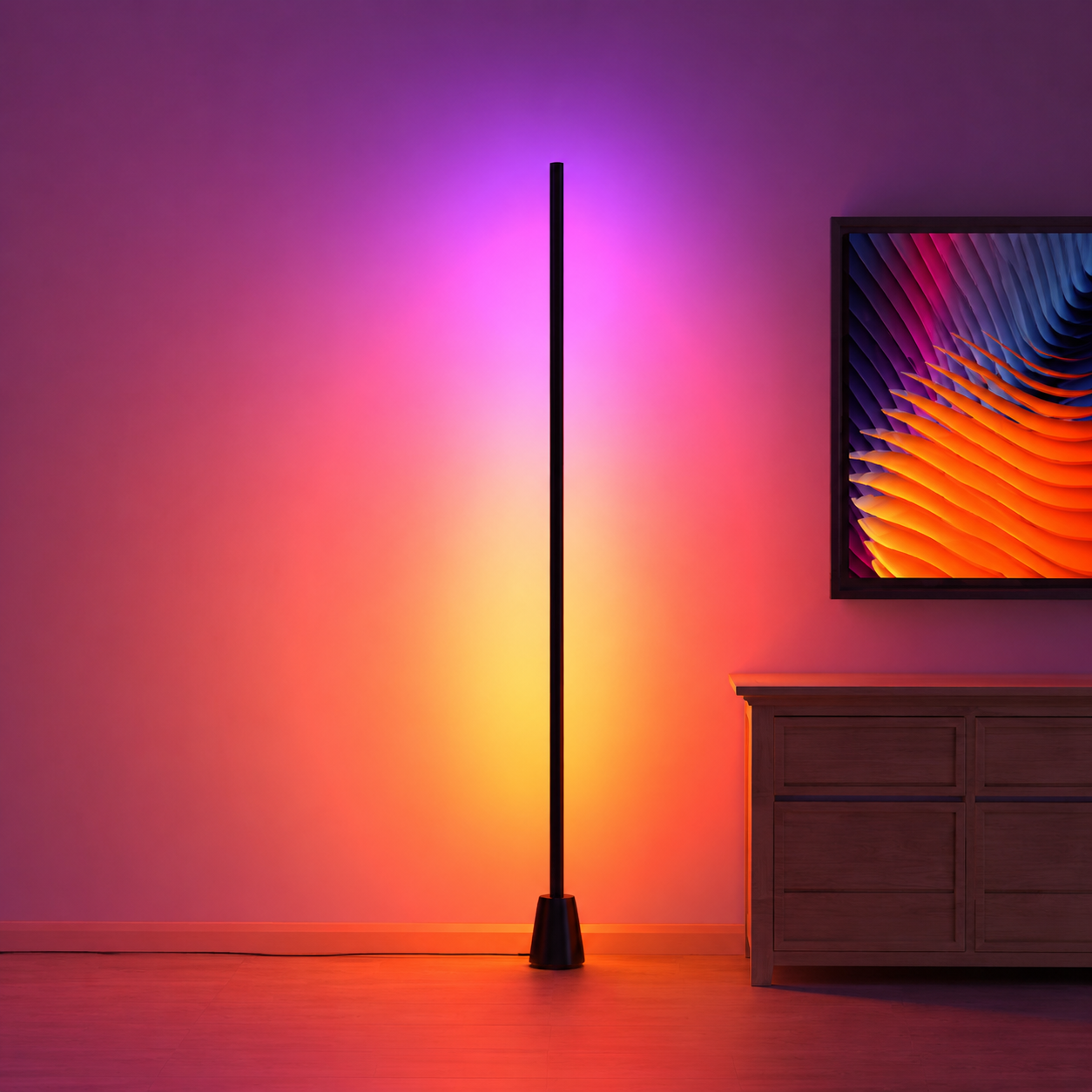 RGB floor lamp creating ambient lighting in a gaming room