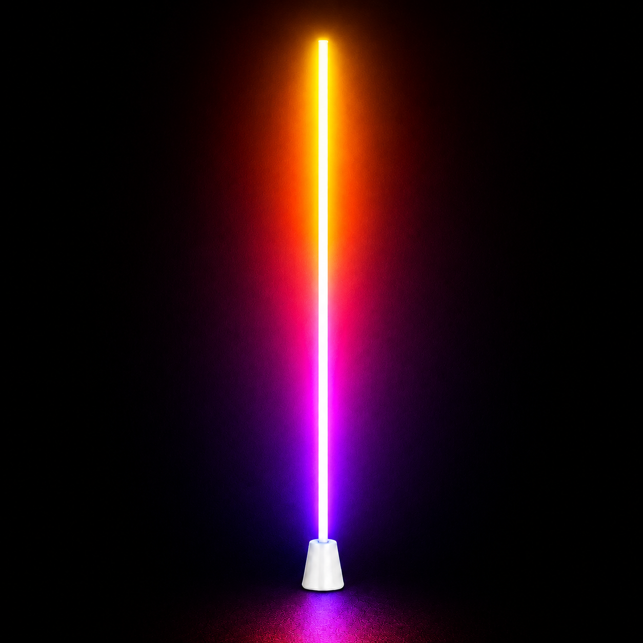 RGB floor lamp creating an orange and purple wall wash in a modern room