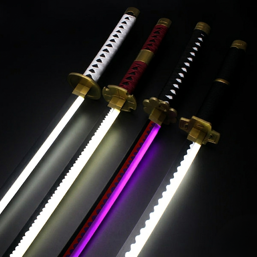 RGB katana blades with smoke effect creating a dramatic wall decor display for gaming rooms, anime setups and immersive LED room lighting.