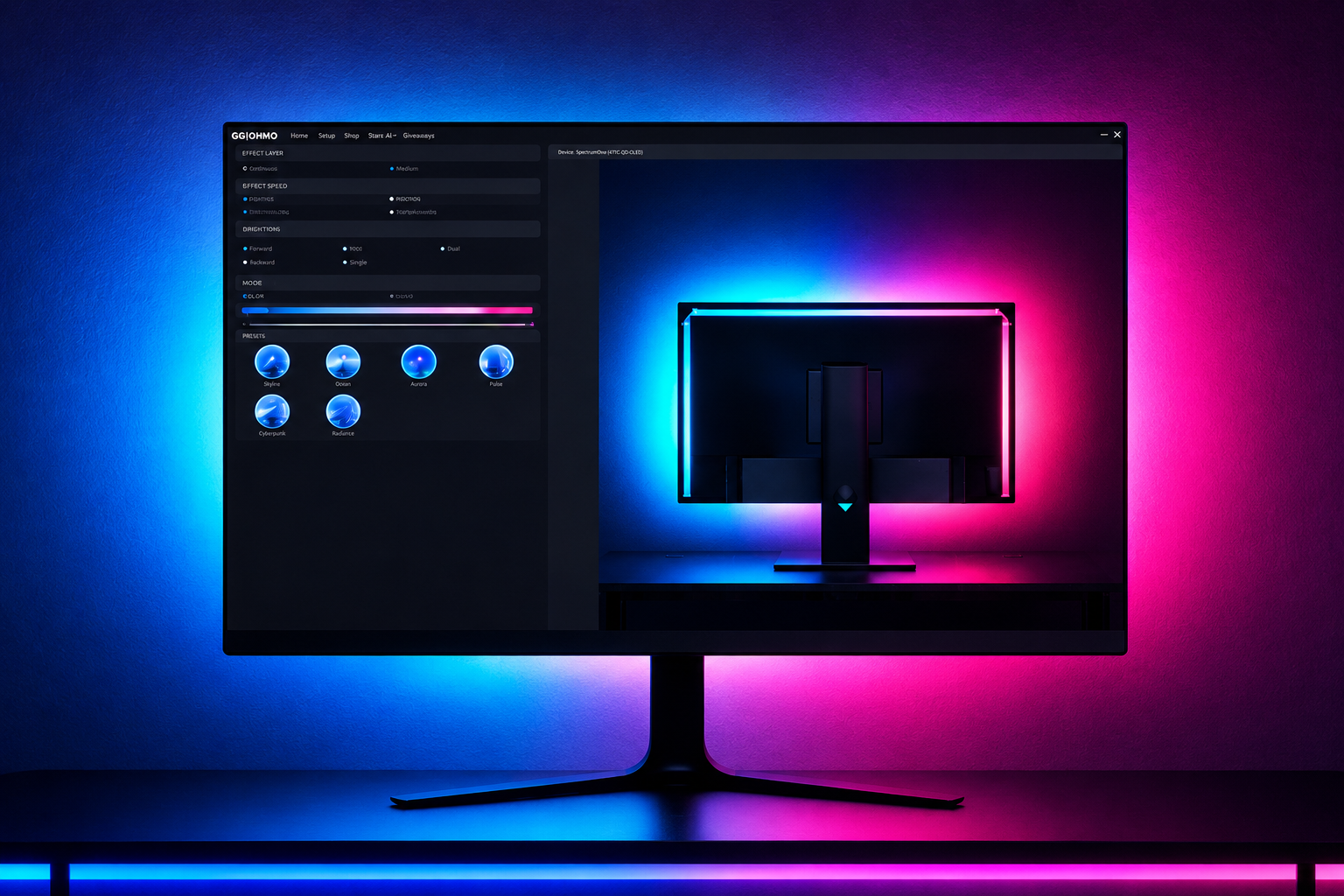 RGB monitor bias lighting designed for gaming setups, creating smooth ambient colour around the screen while enhancing depth and overall desk atmosphere.