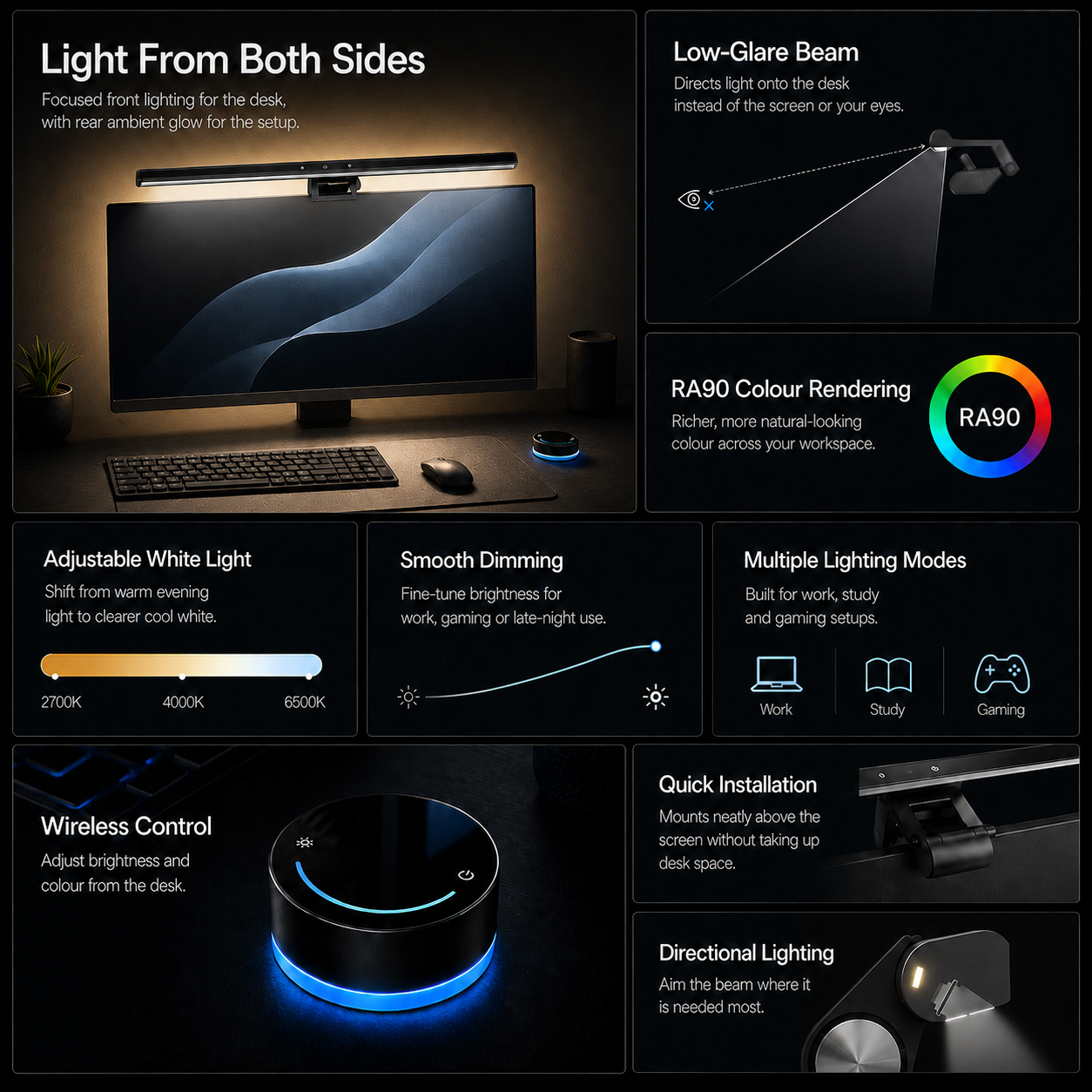 Monitor light bar feature overview showing low-glare lighting, colour settings, dimming and wireless control