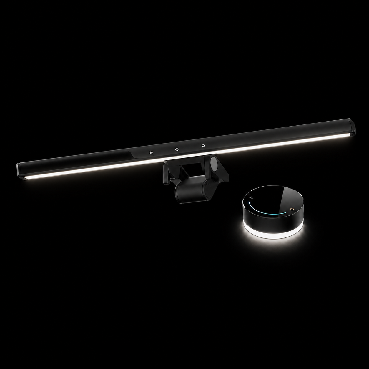 RGB monitor light bar with front desk lighting and wireless controller on a black background