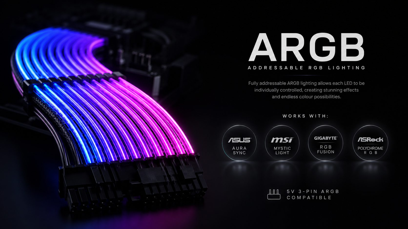 RGB PC cable extension with 5V 3-pin ARGB sync for compatible motherboards
ARGB mobile section