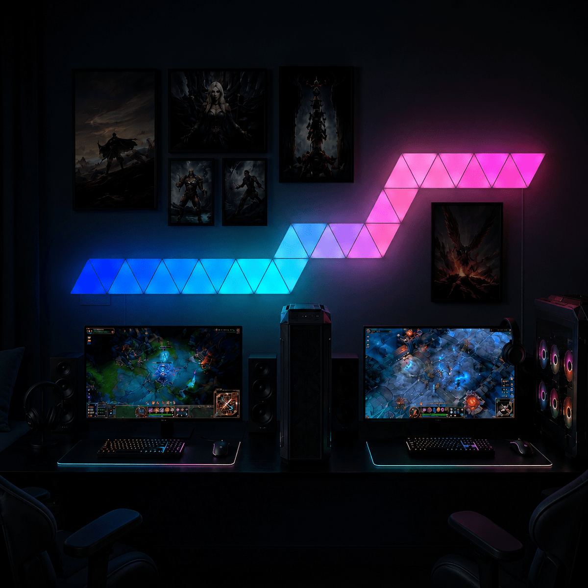 RGB triangle panels glowing blue and pink above a dual monitor gaming setup