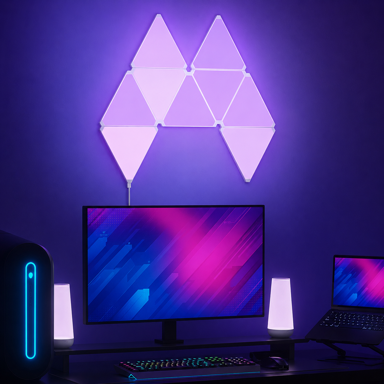 RGB triangle wall panels creating a vibrant smart lighting display, perfect for gaming rooms, streaming backgrounds and personalised ambient room lighting.