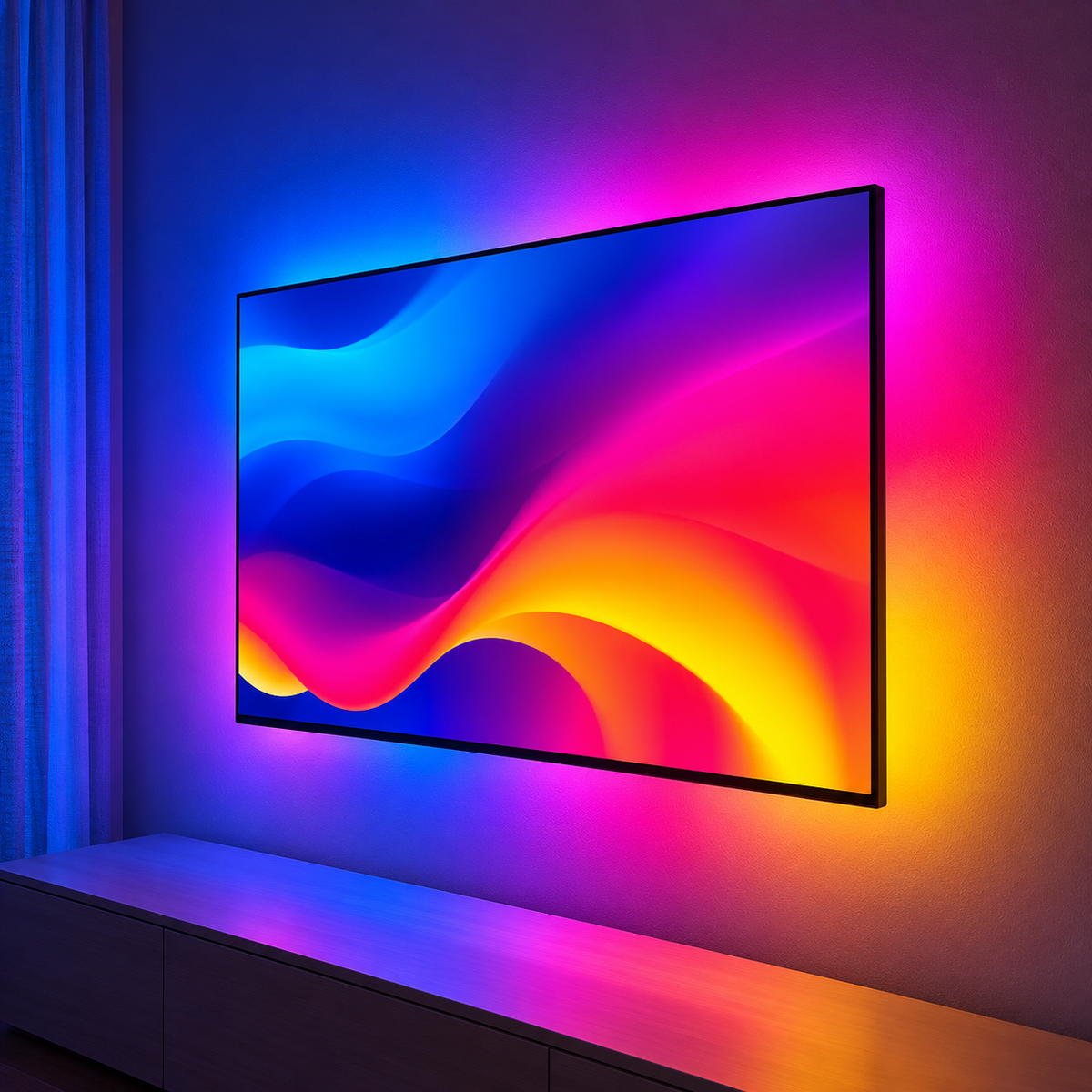 Wall-mounted TV displaying vibrant colours with synchronised RGB LED backlighting casting blue, pink, orange and yellow ambient light onto the surrounding wall.
