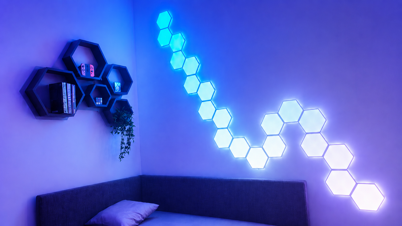 RGBIC hexagon light panels arranged as a modular wall feature above a bed with blue and purple ambient lighting.