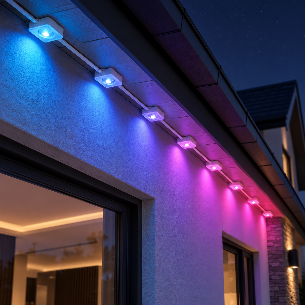 RGBIC outdoor eaves lights installed beneath a house roofline