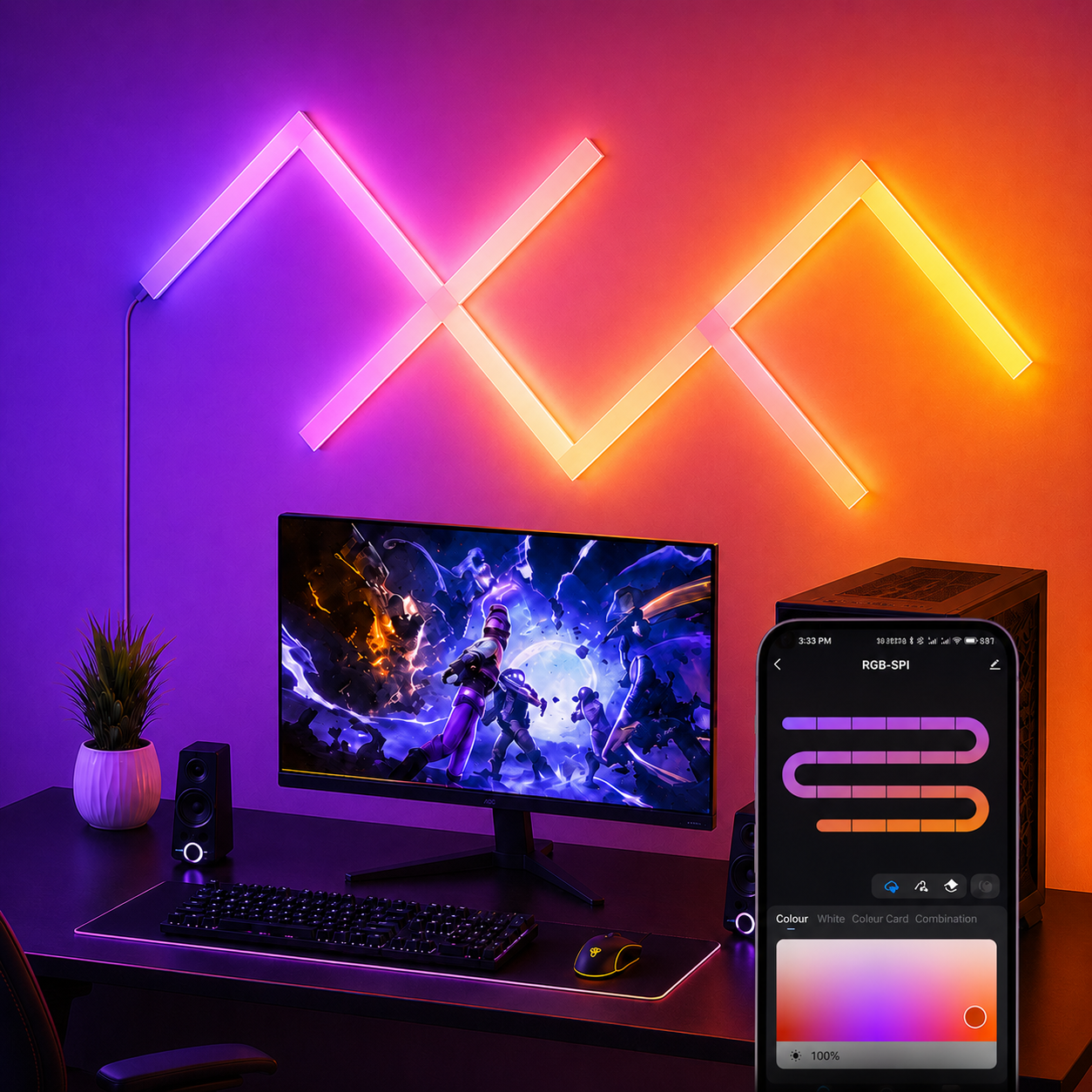 Zyko RGBIC wall light bars in a gaming setup with app control on a phone and orange blue ambient wall glow