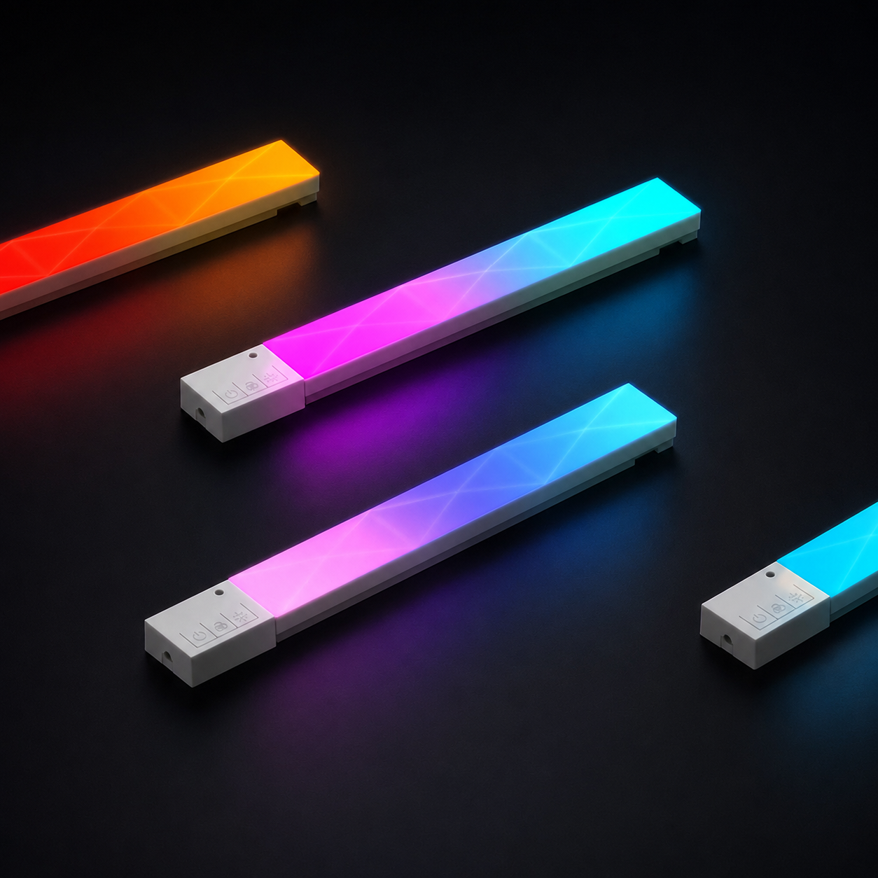 RGBIC wall light bars product shot on a dark premium background with smooth colour gradients.