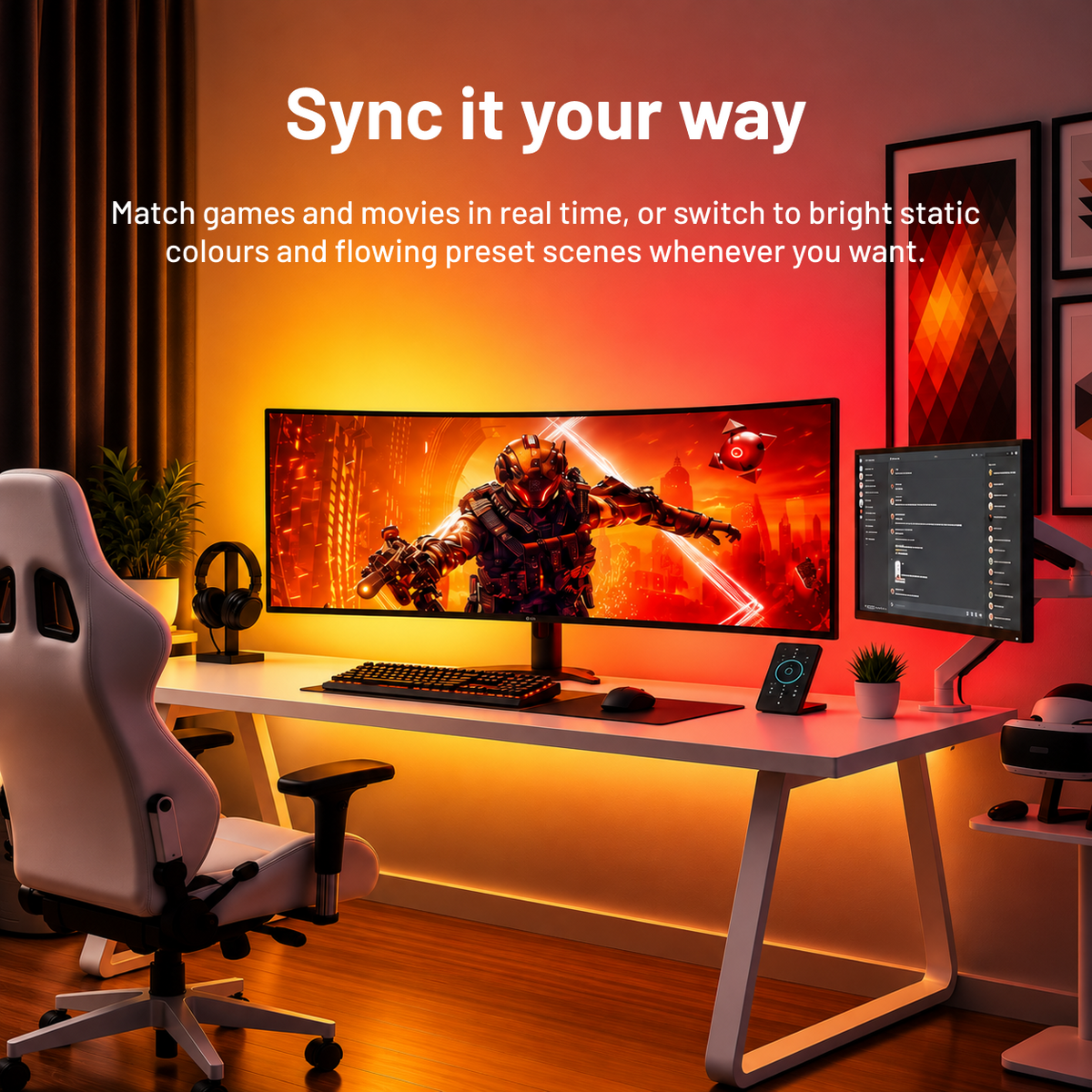 Gaming monitor with RGB backlighting synced to on-screen colours in a desk setup
