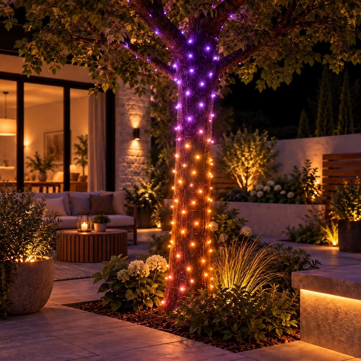 Smart fairy lights wrapped around outdoor trees for colourful year-round decorative lighting