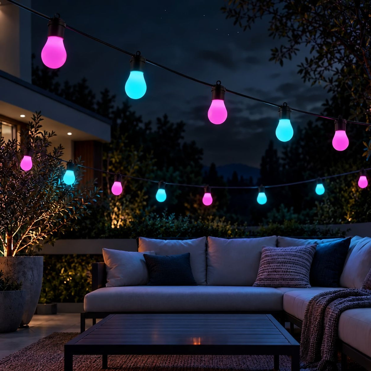 Smart outdoor string lights illuminating a modern garden patio with colourful RGB globe bulbs