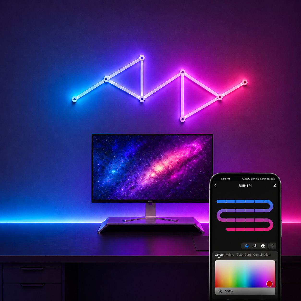 Neon light setup with a monitor and smartphone app on a dark background