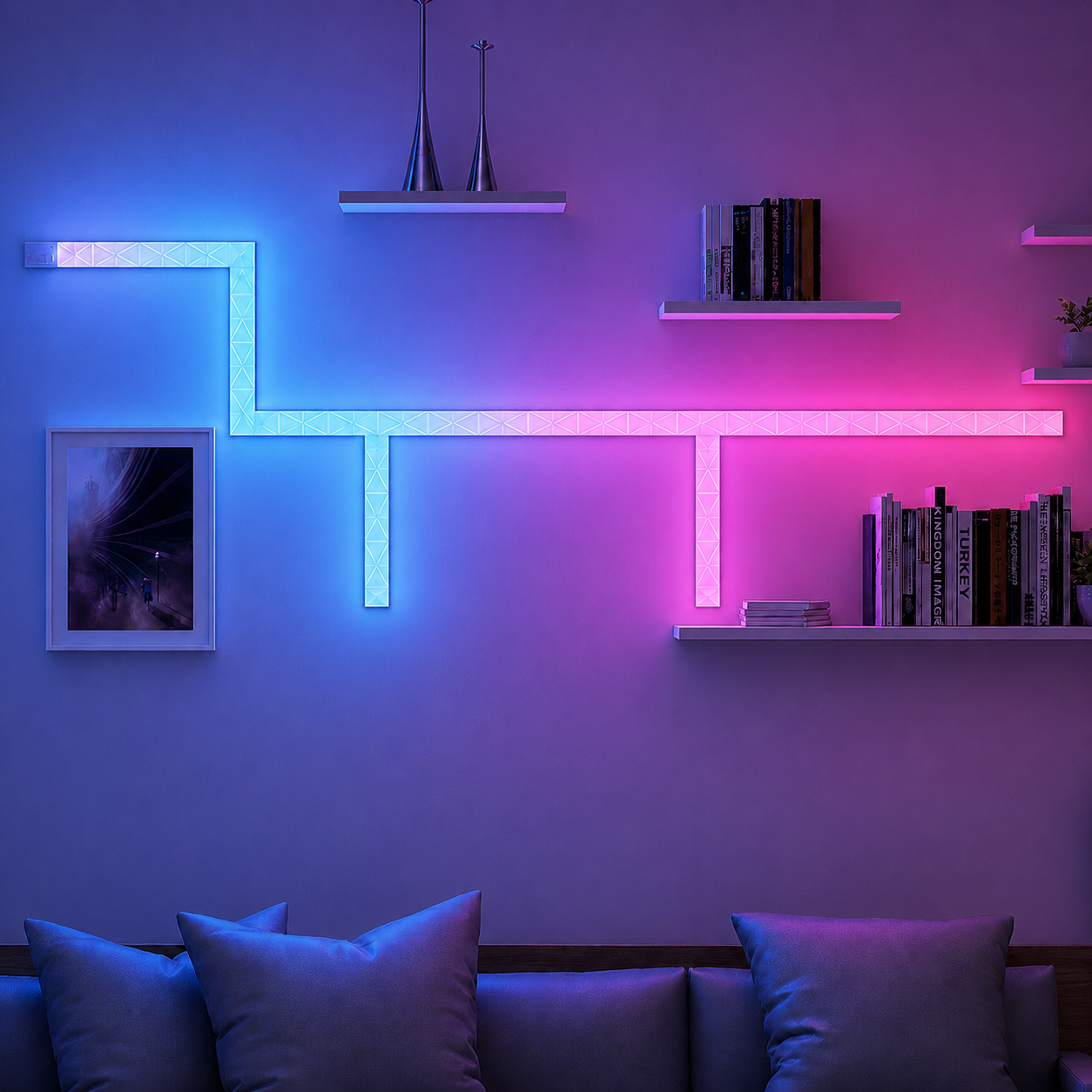 Modular RGBIC wall lights transforming a modern living room with colourful ambient lighting.