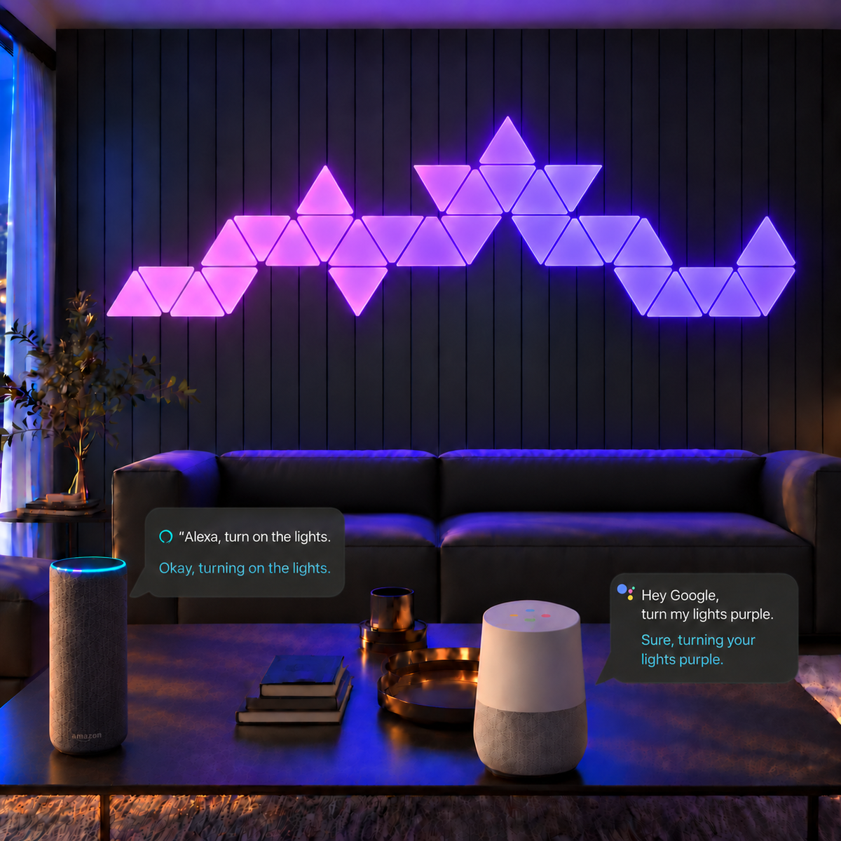 Purple triangle LED panels in a modern living room with Alexa and Google Assistant voice control