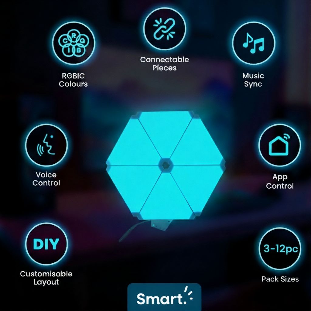 Zyko Spectra Panels showing RGB colours, music sync, app control, voice control, and modular layout features