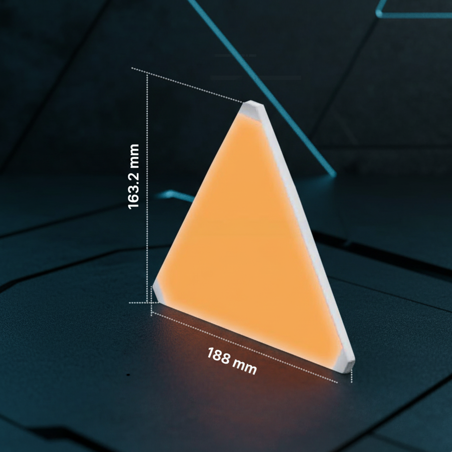 Triangle LED light panel showing 188mm by 163.2mm size and ultra-thin modern design on dark background