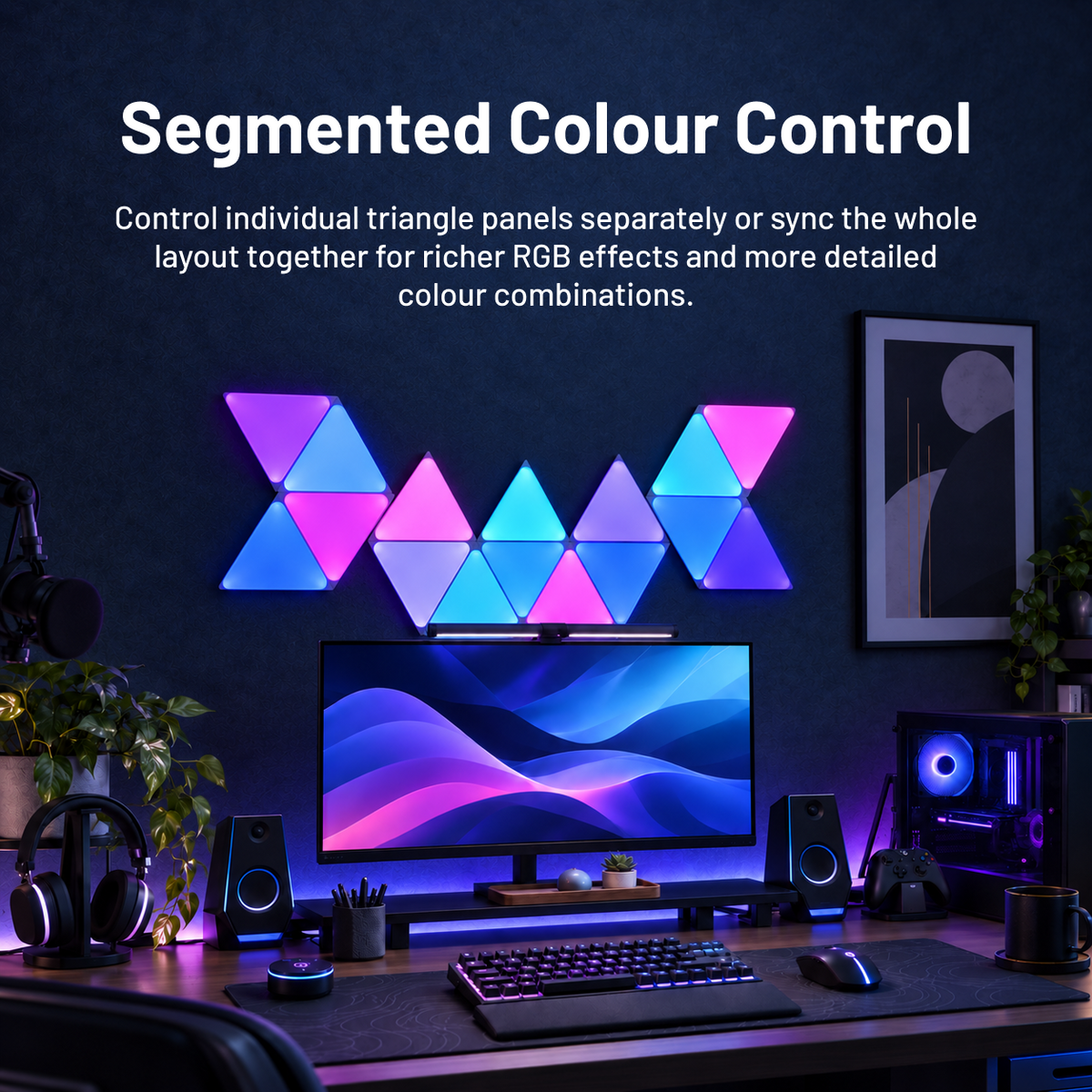 RGB triangle LED panels displaying individual blue pink and purple colours with segmented control
