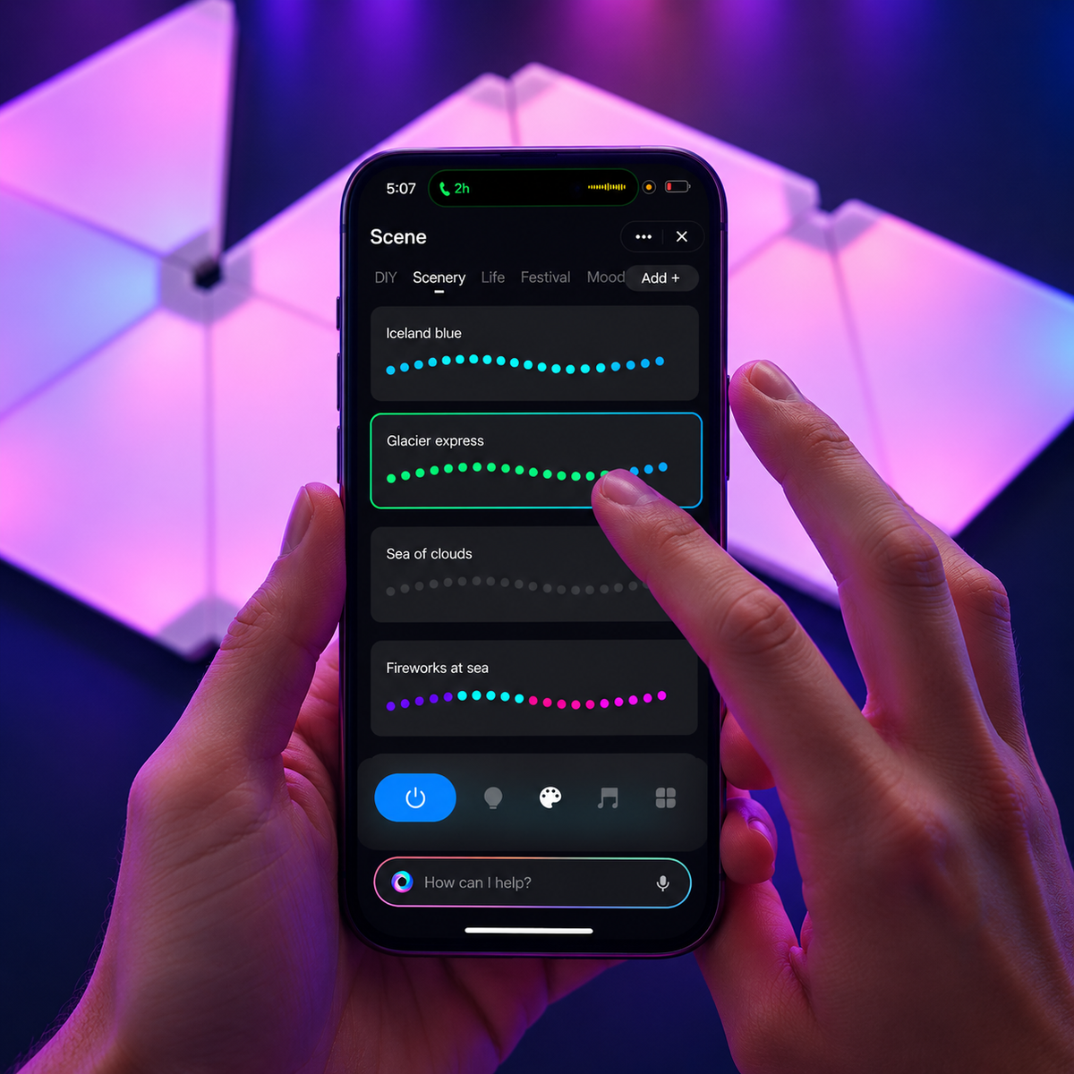 Tuya app controlling colour scenes and lighting effects on RGB triangle LED panels