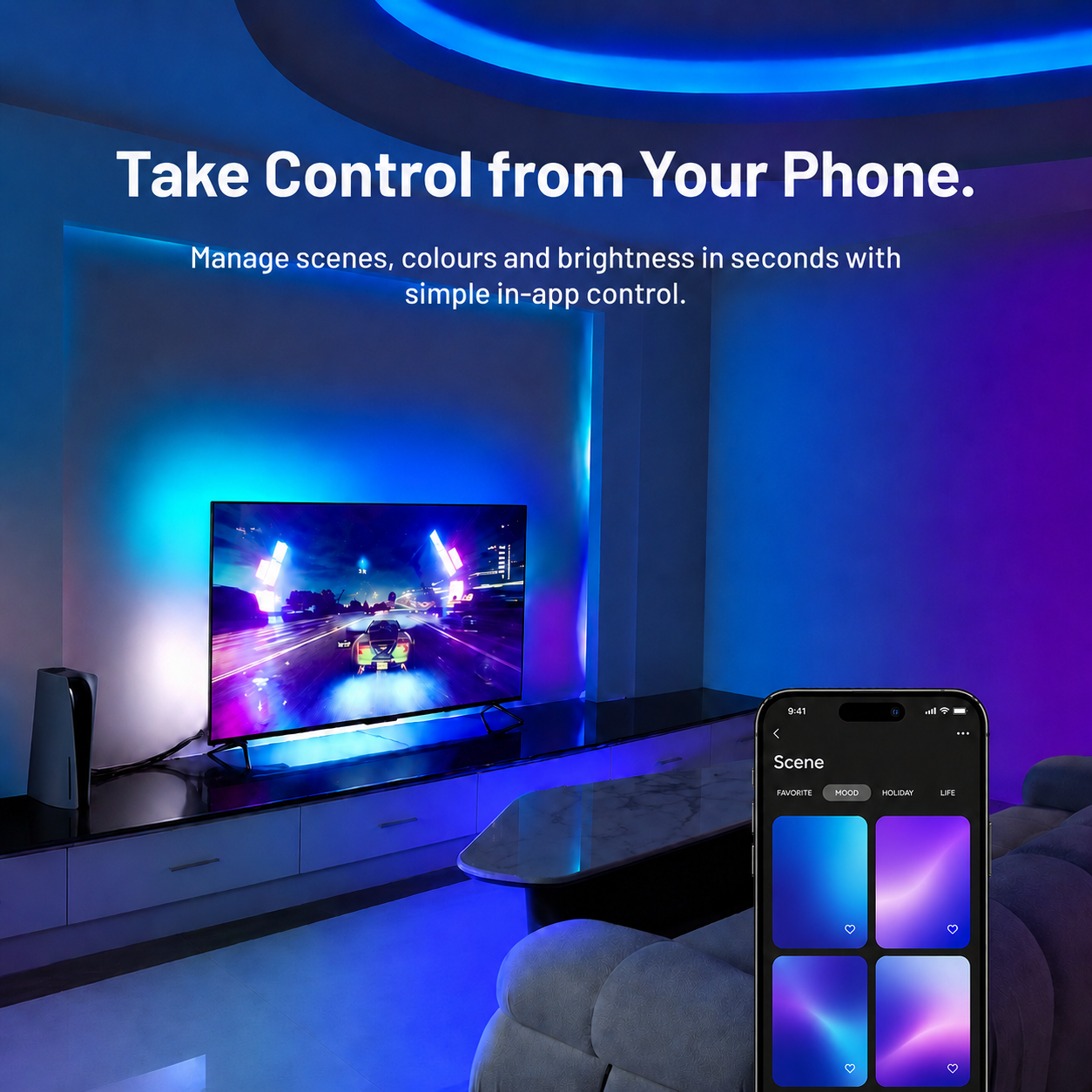 TV backlight app control for colours, brightness and lighting scenes
