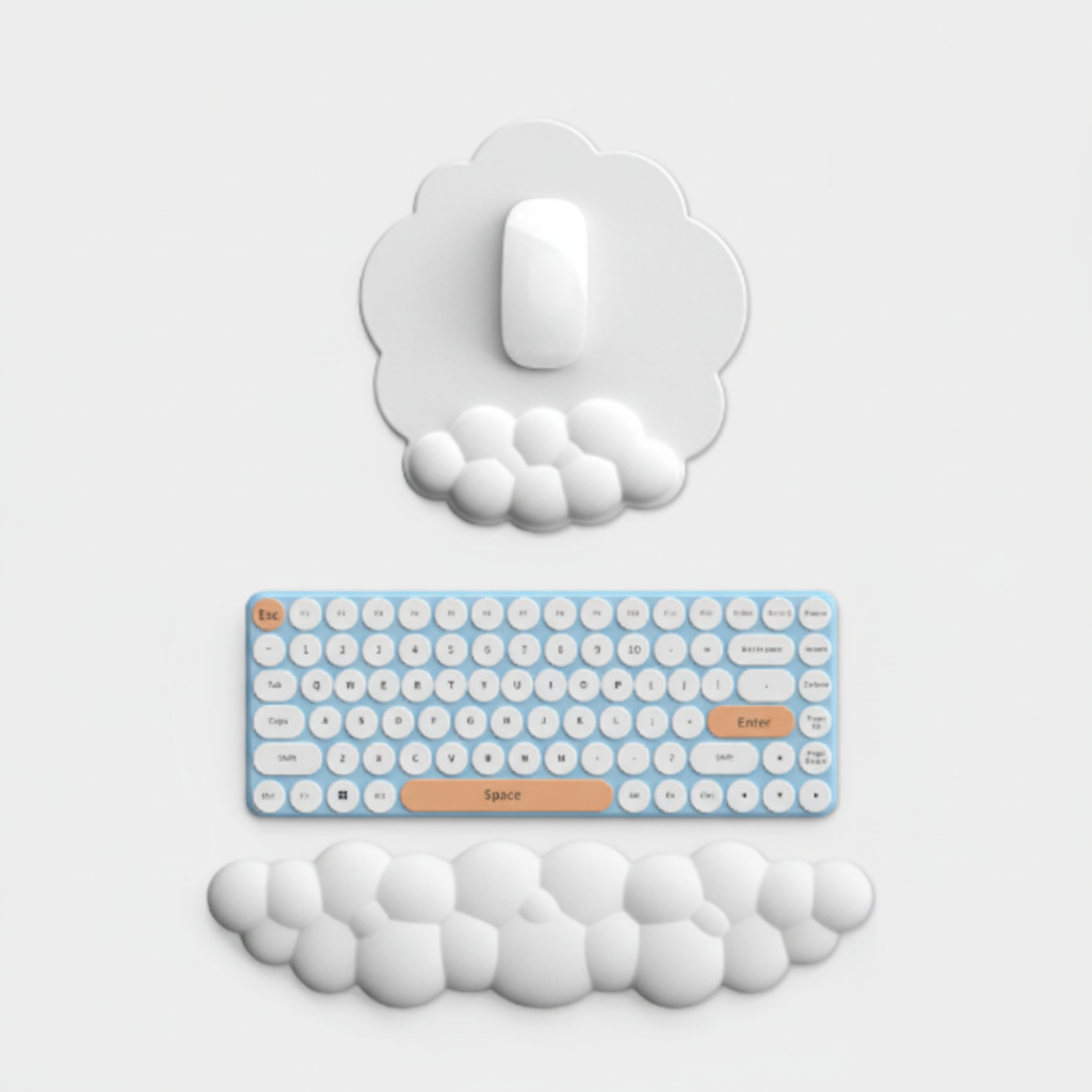 White foam wrist rest and keyboard set arranged neatly in a minimalist workspace, perfect for kawaii gifts and ergonomic wrist rest for keyboard use.