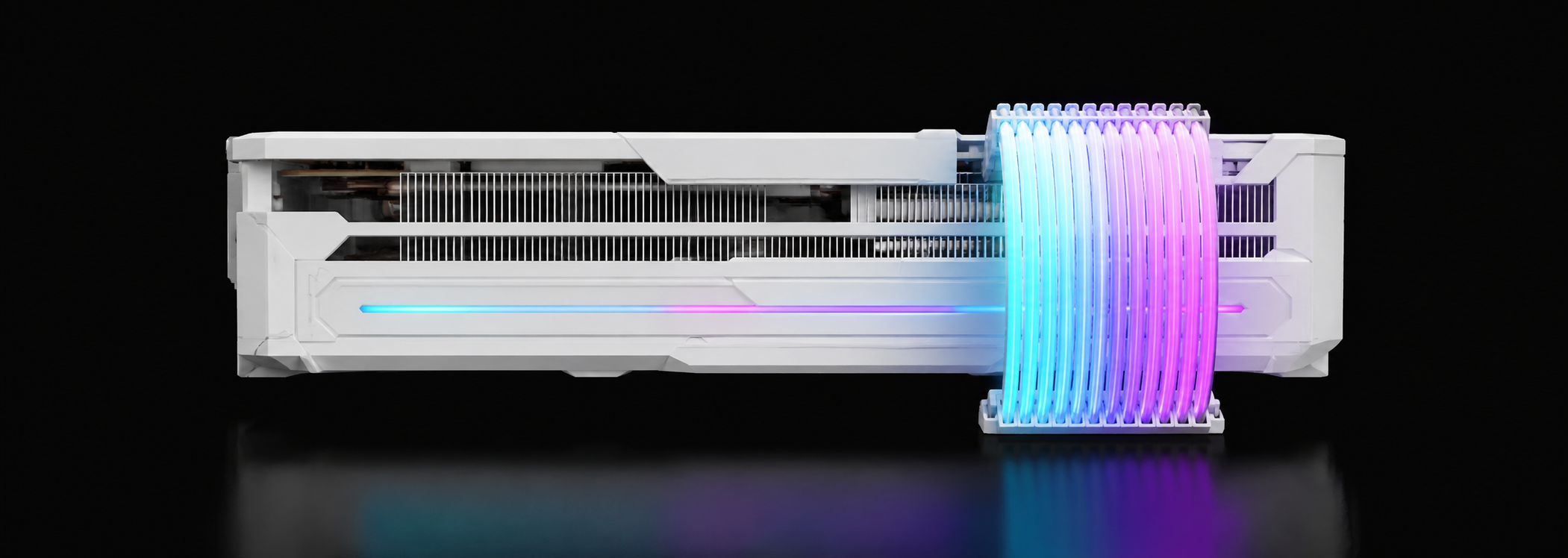 White graphics card setup with RGB cable extension adding clean ARGB lighting