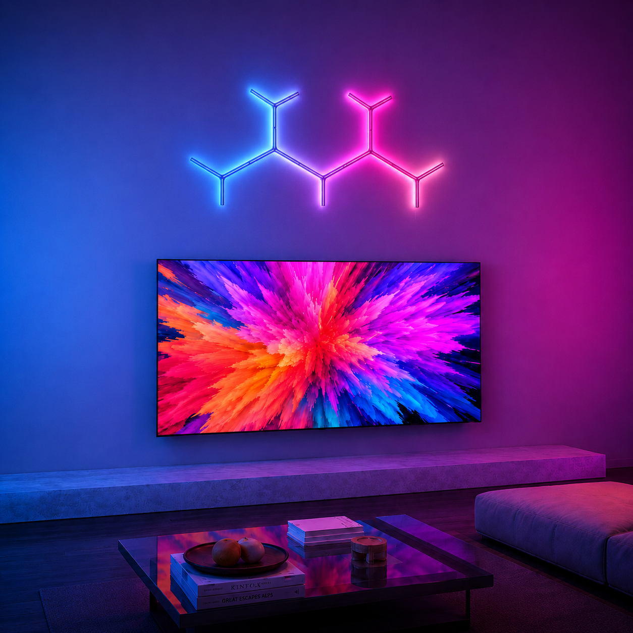 Y-shaped RGBIC wall lights above a TV in a modern living room setup