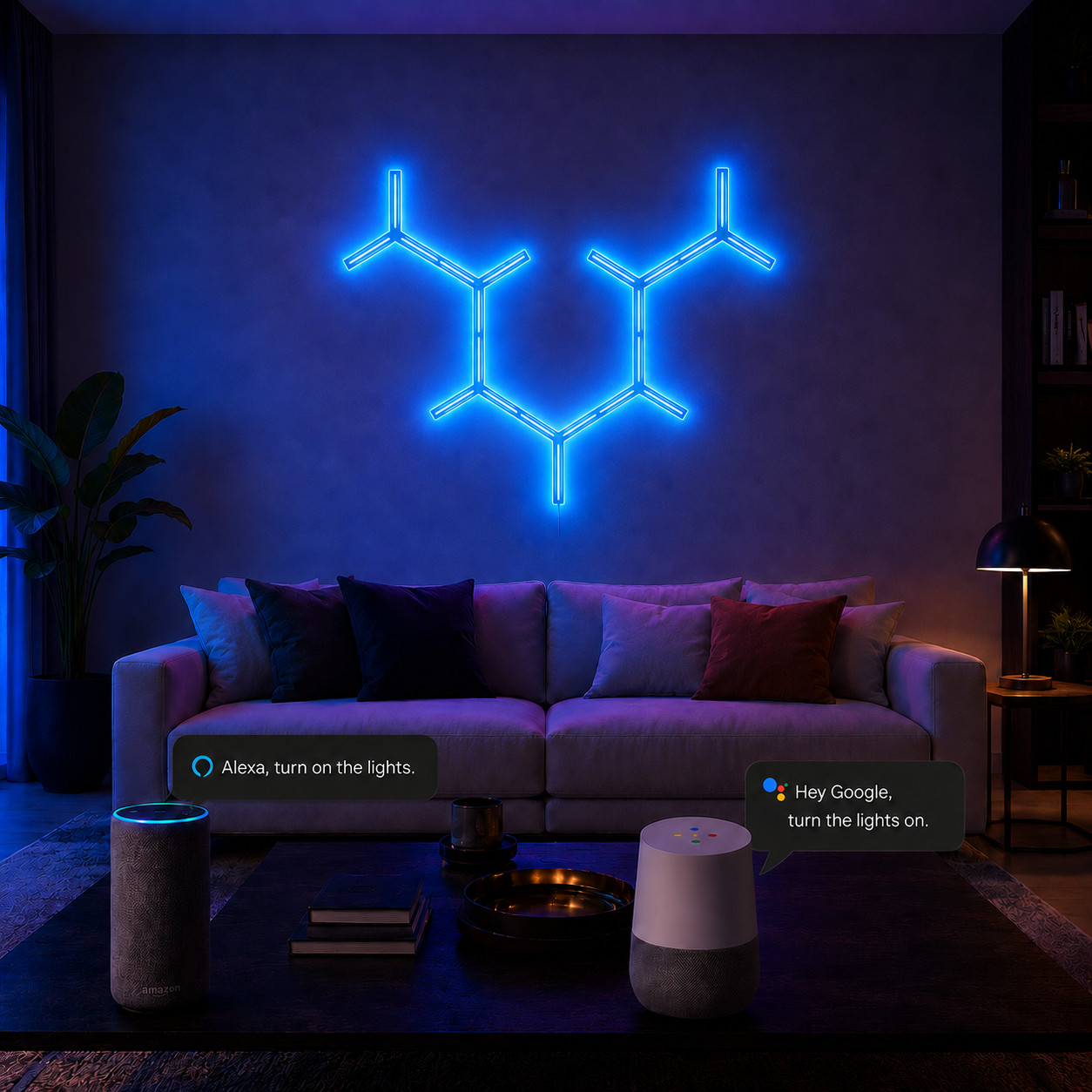Y-Line wall lights in a living room with Alexa and Google Assistant voice control