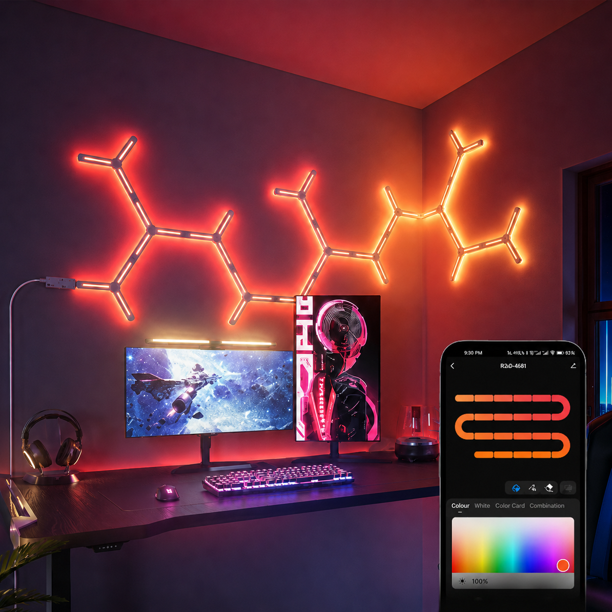 Y-Line wall lights in a gaming room with smartphone app control for colours and lighting scenes