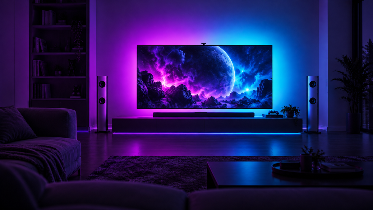 Large TV with purple and blue ambient sync backlighting illuminating a modern living room entertainment setup.