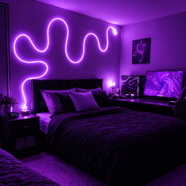 Zyko Elements purple ambient lighting used in a modern bedroom setup.