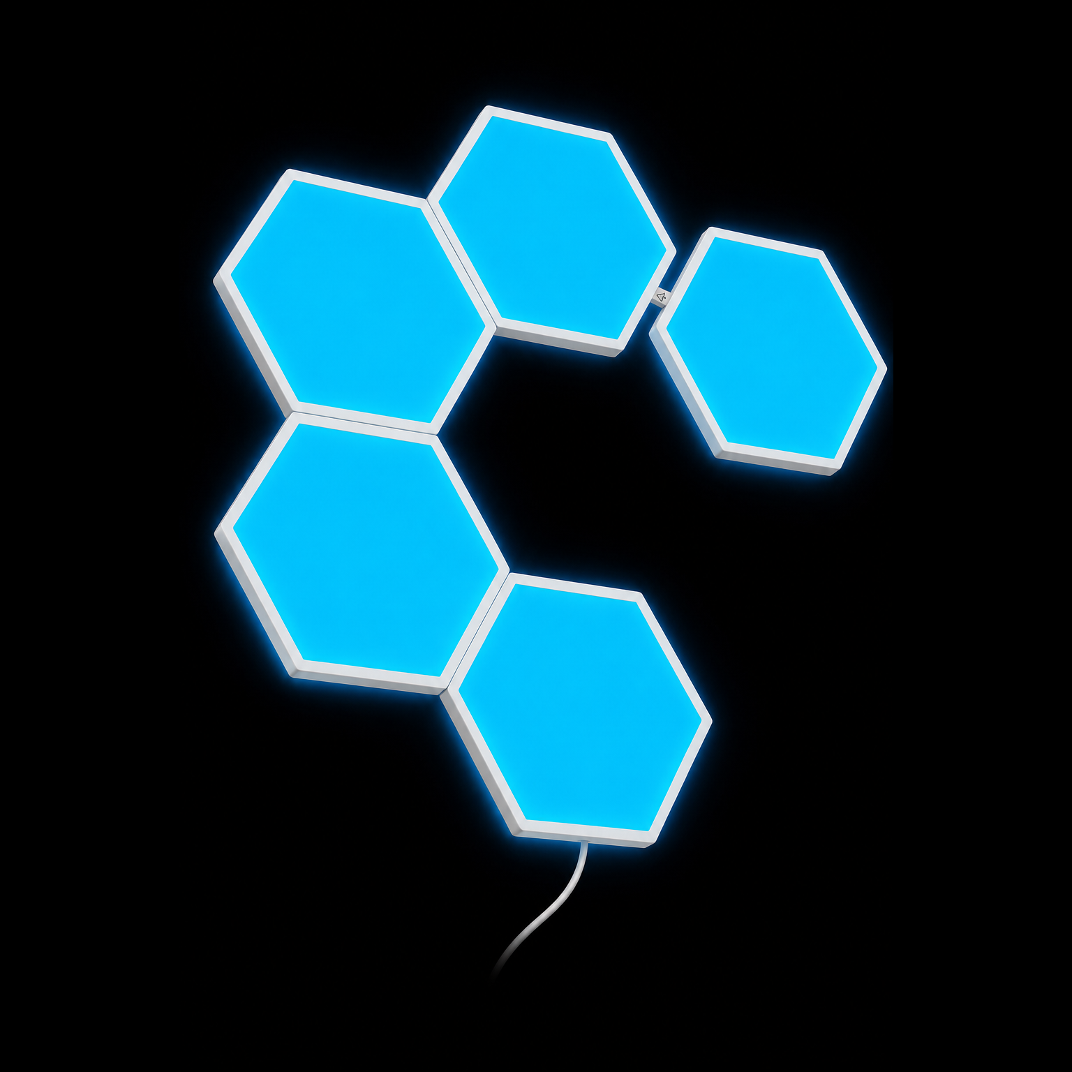 Close-up of blue Zyko Elements RGBIC hexagon light panels with white casing on a black background