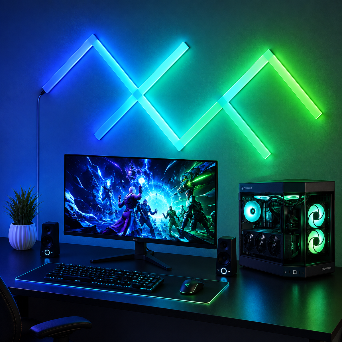 Zyko Elements RGB wall lighting used in a gaming room setup for immersive ambient lighting.