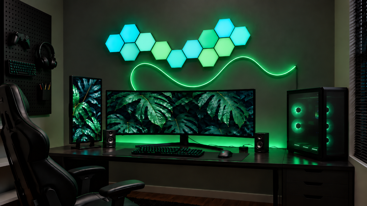 Gaming desk setup featuring connected green and cyan RGBIC hexagon wall panels and a flowing green LED rope light.