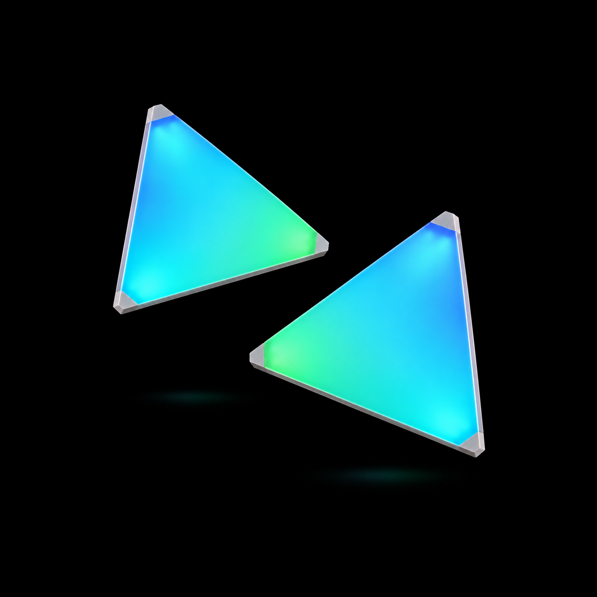Two triangular RGB LED light panels with white frames displaying vibrant blue, cyan and green lighting effects against a black background.
