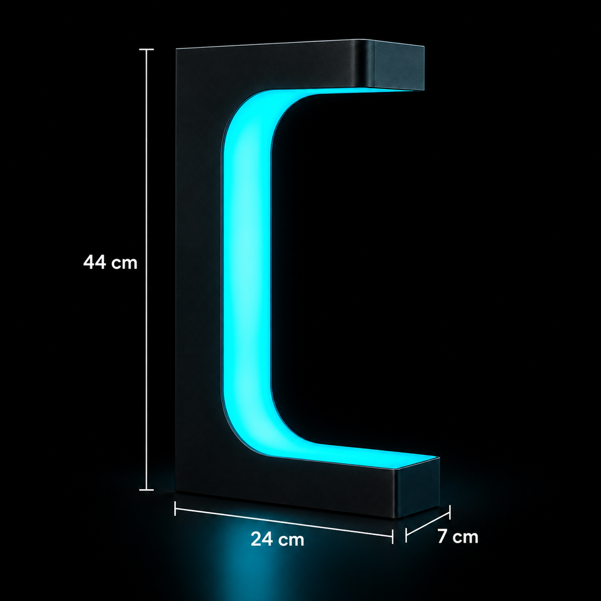 Zyko Levitating Headset Stand dimensions showing 44cm height, 24cm width and 7cm depth