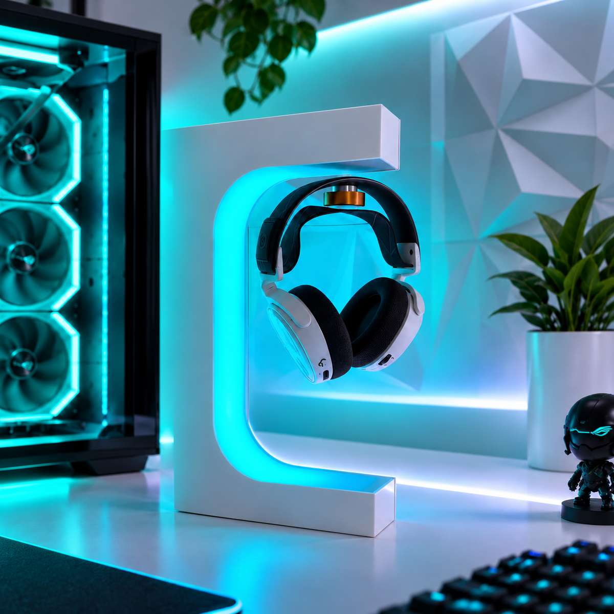 Zyko Levitating Headset Stand with floating headset in a cyan gaming desk setup