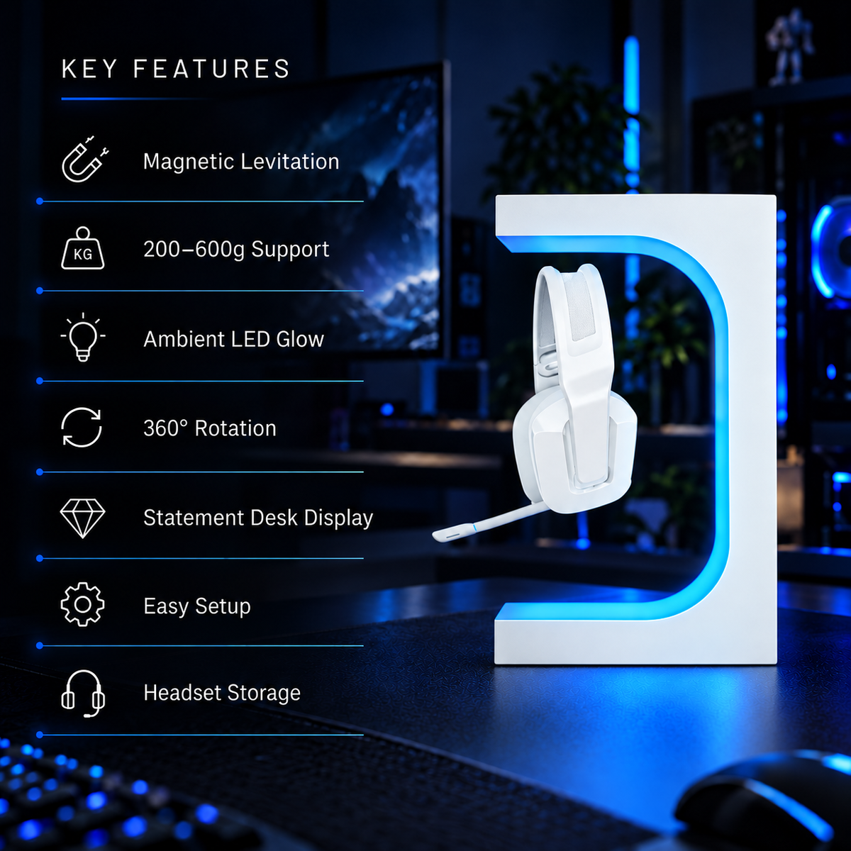 Zyko Levitating Headset Stand key features including magnetic levitation, RGB lighting and 360 degree rotation