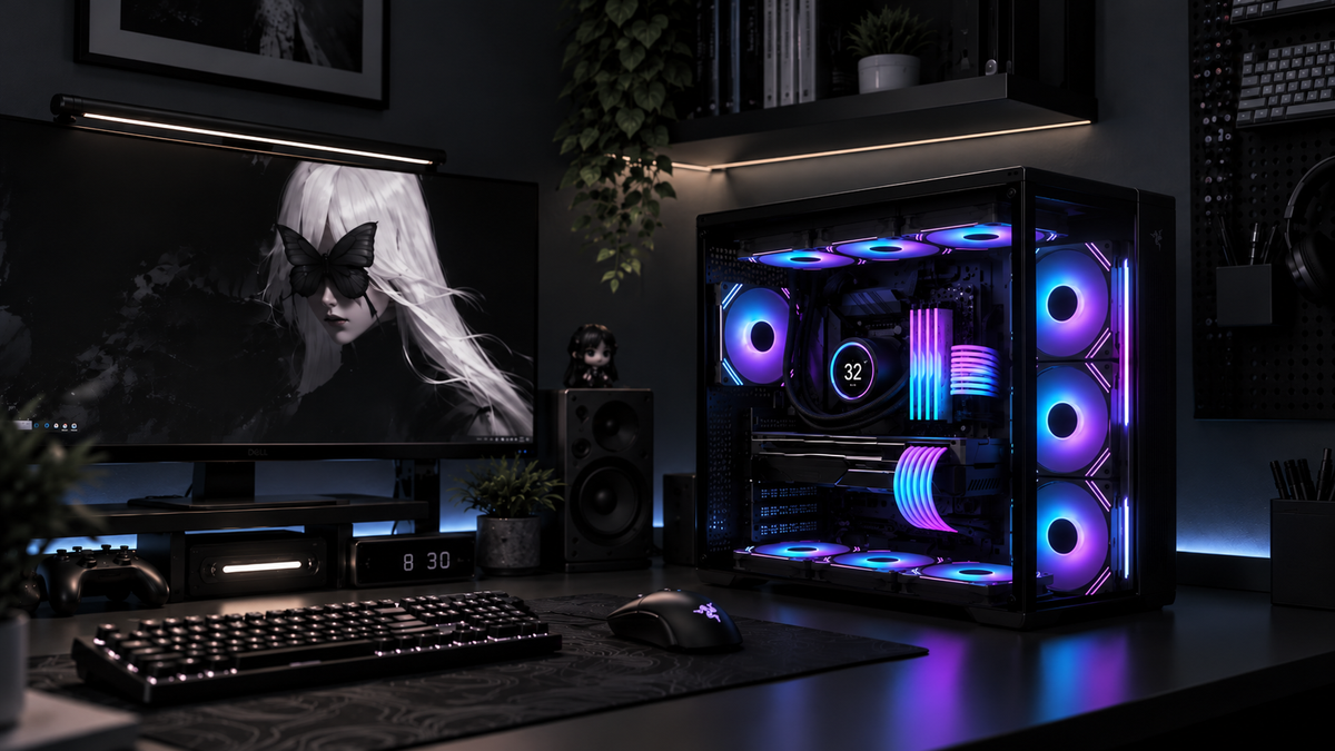 Black gaming PC build featuring blue and purple ARGB cooling fans and illuminated RGB power cable extensions.